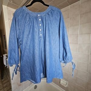 PENN Size X Women's Chambray Denim Top with Button Detail and Tie Sleeves NWT